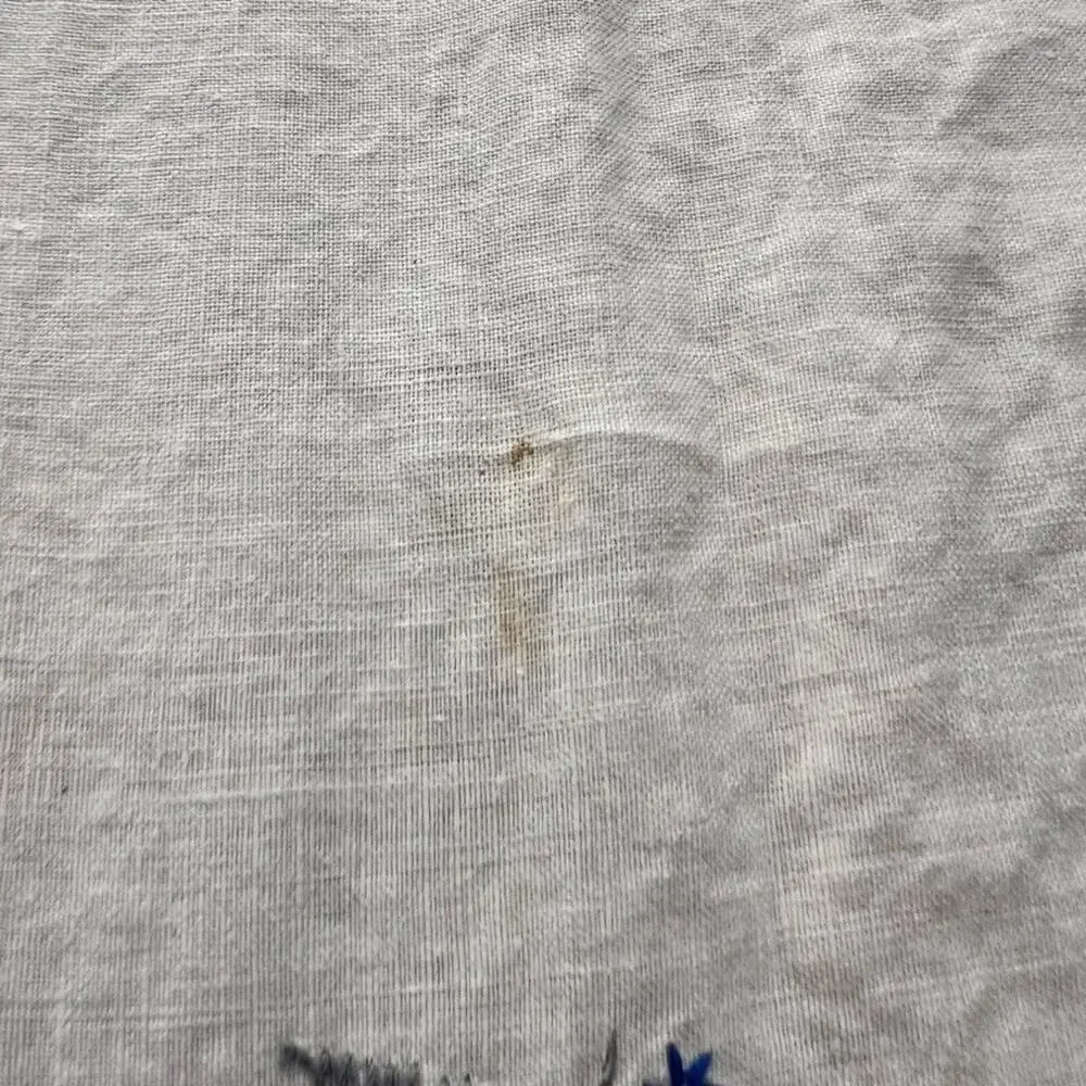 Antique Linen Tablecloth Blue & White Florals Hand Embroidered 64.5 x 47